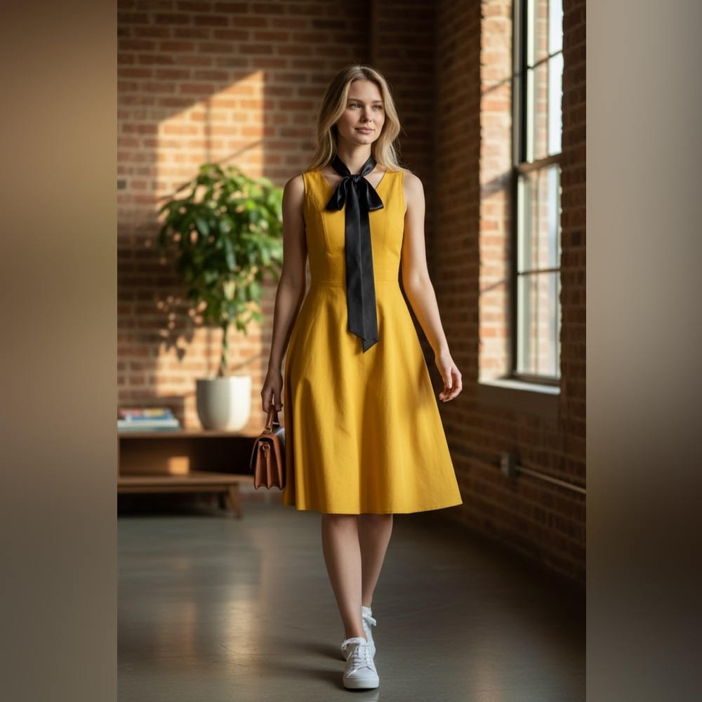 Bright Yellow A-Line Dress with Black Ribbon Belt